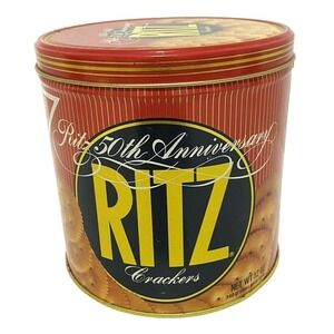 Vintage 80s Round Nabisco Ritz Crackers 50th Anniversary Tin Red Kitchen Decor
